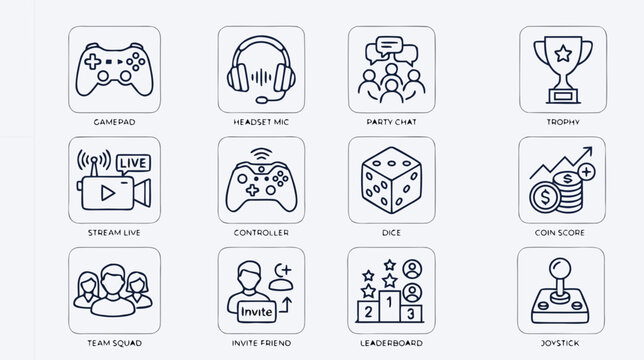 Gaming icons set with gamepad, headset, and trophy