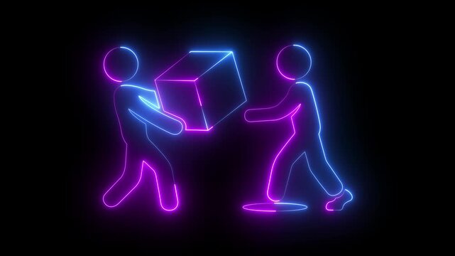 glowing neon delivery person icon isolated on black background, showing package handover to customer, successful shipping, receiving orders, courier service, and e-commerce transactions. 4k video.