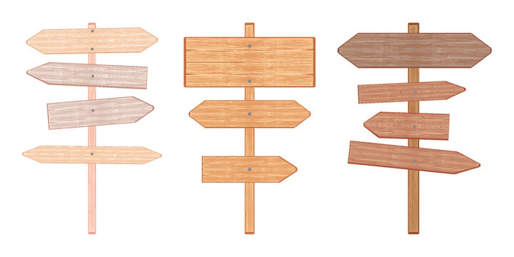 Vector wooden directional signposts Arrow shapes Empty copy space text labels Rustic vintage design elements perfect for navigation, camping Outdoor themes decorative projects Set Wooden Road Signs