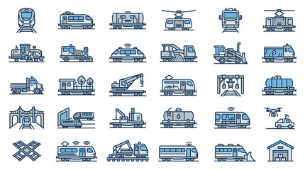 Transport icons including trains and helicopters are shown in blue on white © Rudi