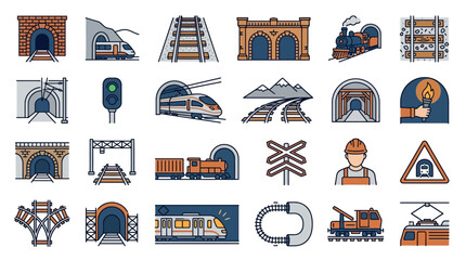 Railway infrastructure icons showcase various train station elements and transportation symbols. © Rudi