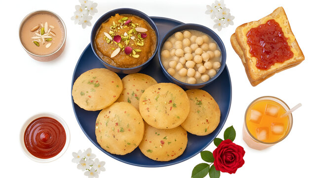 A variety of delicious breakfast featuring spiced poori, chickpea curry, and halwa.