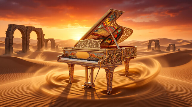 A grand piano in the middle of a desert at sunset