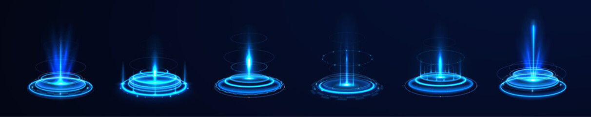 Ethereal neon vortex illuminates a holographic teleport platform with glowing circular frames. Digital beams complete the effect. Transparent PNG fits sci-fi illustrations.  © Vitalii