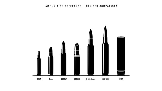 Ammunition Reference with Caliber Comparison Chart of Various Bullet and Shell Casings Arranged in Ascending Order