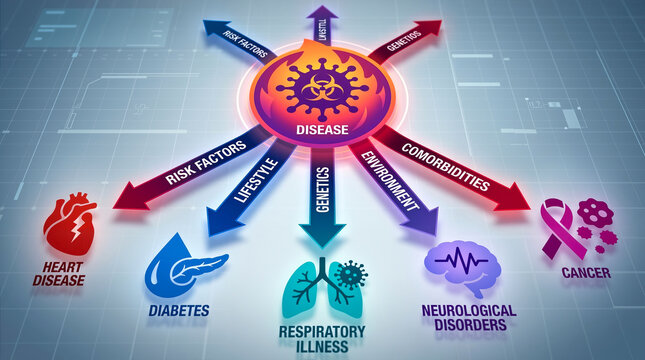 Medical infographic diagram showing causes risk factors and comorbidities of chronic human diseases