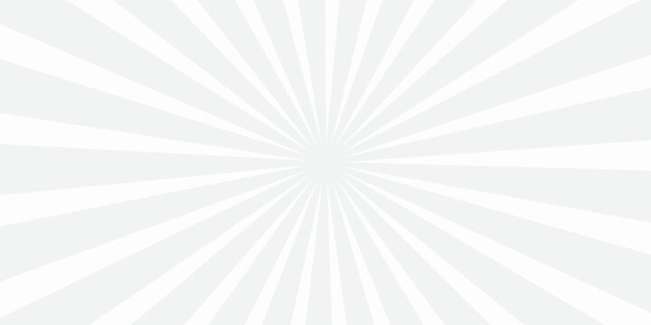 Abstract explosion background in gradient grey white color. Glare effect. Sunshine sparkle pattern. Vector illustration of a radial ray. Narrow beam. For backdrops, posters, banners, and covers.