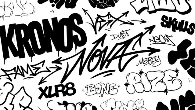 Graffiti Tags and Street Art in Chaotic Arrangement with Various Styles and Names Featuring Urban, Design, Illustration