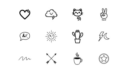 Fototapeta premium Illustrations Featuring a Heart, Cloud, Cat, Peace Sign, Speech Bubble, Sun, Cactus, Lightning, Moon, Signature, Arrows, Coffee Cu