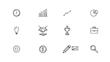 Fototapeta premium Icons Set of Various Business Office Symbols Including Clock, Chart, Handshake, Trophy, and Magnifying Glass