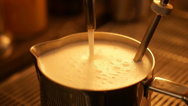 Steaming hot milk being frothed in metal pitcher at coffee shop