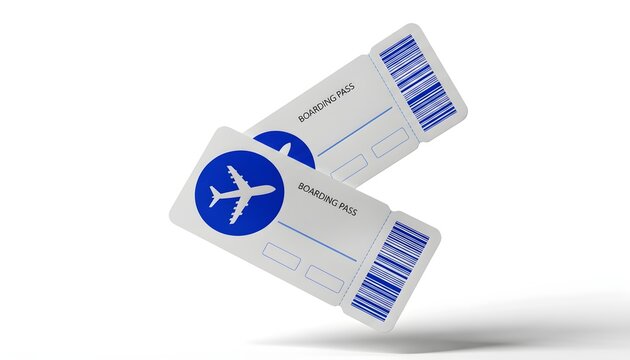 Two floating airline boarding pass tickets with blue airplane icon logo and barcode isolated on white background template for flight travel tourism vacation business journey vector 3d illustration