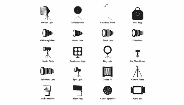 Professional photography and video studio equipment icons set, featuring diverse photo lenses, lighting gear, stands, and essential accessories for content creators and filmmakers.