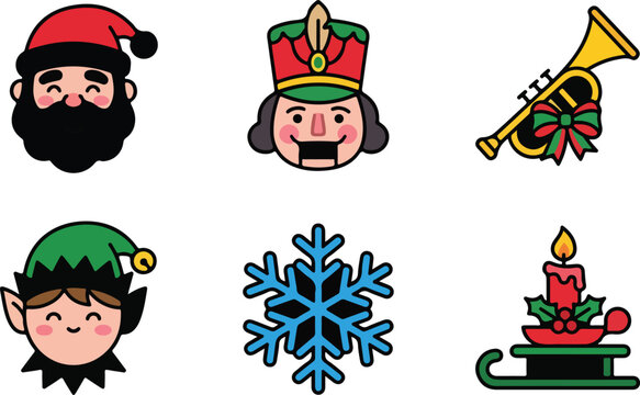 Christmas icon set santa nutcracker trumpet elf snowflake and candle