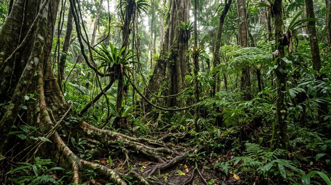 Collection of premium forest landscape photographs featuring misty evergreen forests, sunlit woodland trails, autumn forest paths, moss-covered streams, foggy pine forests, ancient trees, bamboo fores