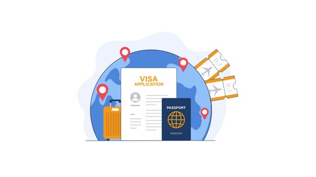 Animated Visa Application Concept with Passport and Travel Gear