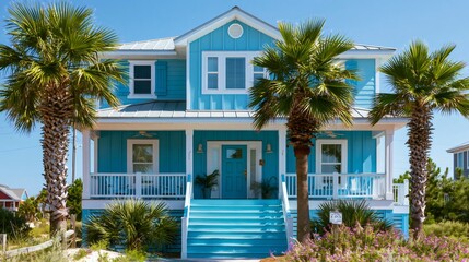 Fototapeta premium Teal beach house with palm trees by ocean