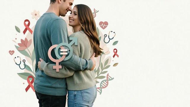 Couple Embracing with Gender Equality and Health Symbols Animation