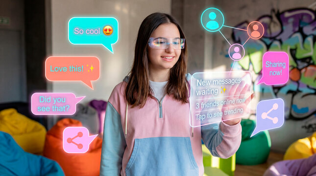 Teenage girl managing augmented reality messaging and social networking interface