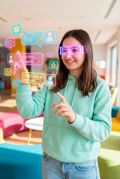 Teenage girl viewing augmented reality social media reactions through smart glasses