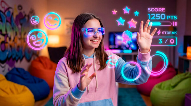 Teenage girl interacting with gamified augmented reality interface and achievement dashboard