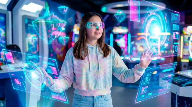 Teenage girl interacting with augmented reality portals and floating virtual islands