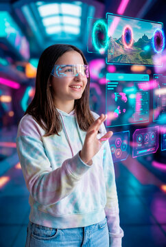 Teenage girl using augmented reality interface to explore virtual worlds with smart glasses