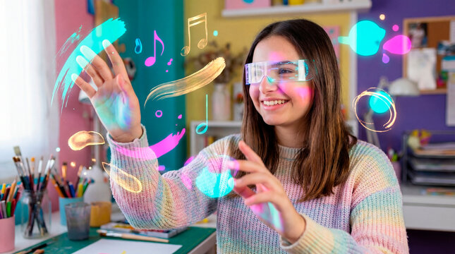 Creative teenager exploring augmented reality art and music in a colorful home studio