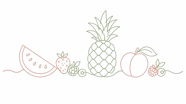 Fresh healthy fruits and berries line art vector illustration on white background. Minimalist graphic for diet and lifestyle concepts.