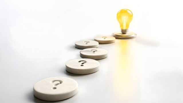 Path of Questions Leading to a Bright Idea Light Bulb Symbolizing Discovery and Problem Solving
