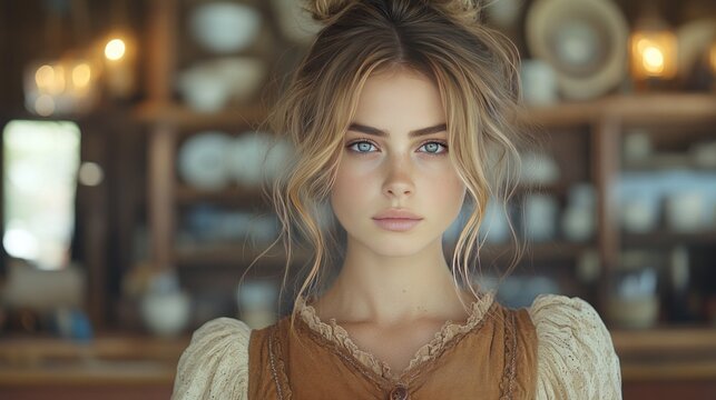  Pretty saloon waitress, wild west era, old west, western, Victorian, hair pulled back in a bun, brown dusty worn uniform