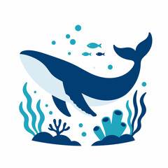 Naklejka premium Blue whale swimming underwater with small fish and coral in a flat vector illustration on a clean white background