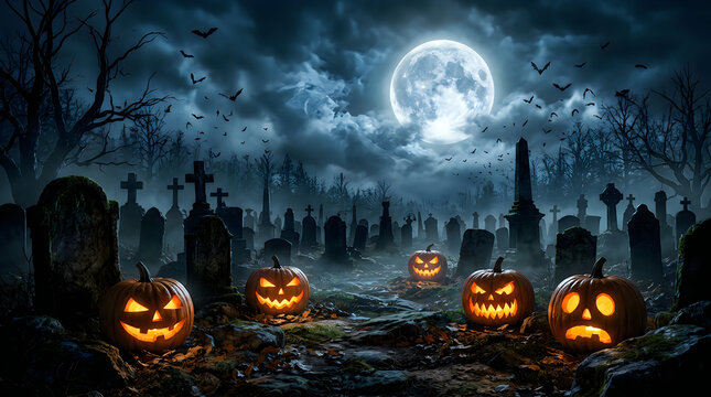 Glowing jack-o'-lanterns in a spooky graveyard under a full moon with halloween