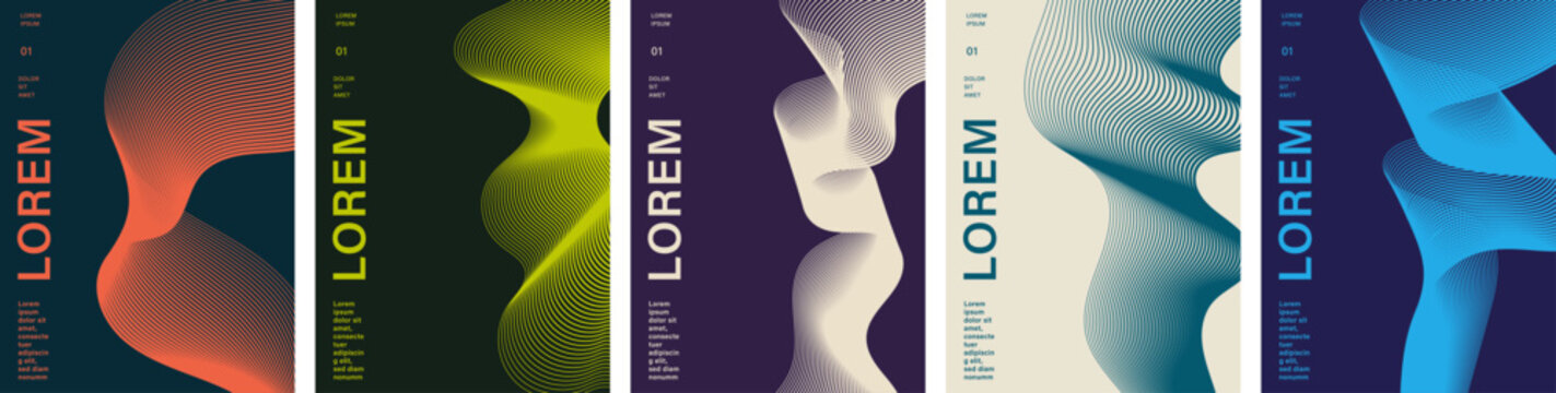 Set of modern abstract posters with flowing wavy line shapes, bold typography, and vibrant color palettes. Minimal geometric cover templates for banners, presentations, and editorial design.