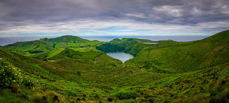 View on caldeira Funda and caldeira rasa from Miradouro Lagoas Rasa e Funda in Flores Island, Azores, Portugal