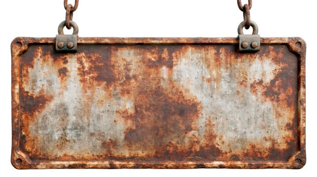 Blank rusted metal sign hanging on chains