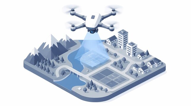 Drone flying over isometric smart city, mapping urban landscape with buildings, houses, mountains, and river. Concept for infrastructure planning technology.