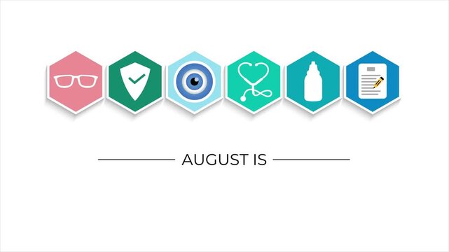 Animated banner celebrating Children's Eye Health and Safety Awareness Month. Hexagon healthcare animation. Animated medical symbols.