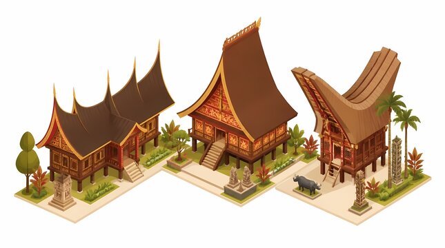 Traditional Indonesian houses illustration depicting architectural styles with intricate patterns, unique roof designs, and raised structures.
