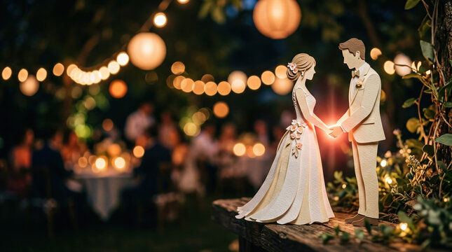 Beautifully crafted wedding cake topper with romantic couple at an outdoor reception with string lights