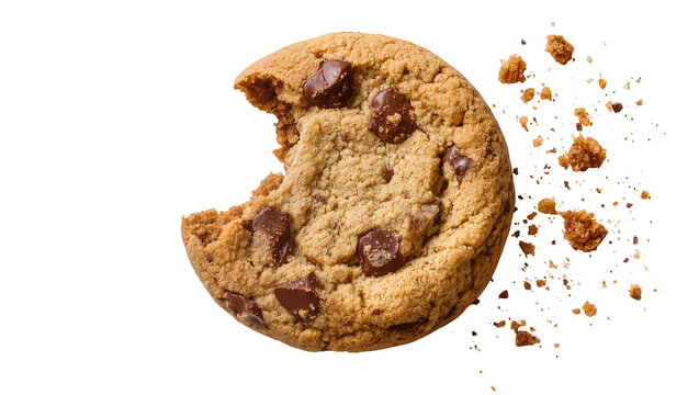 Isolated delicious chocolate chip cookie with a bite taken out and crumbs exploding