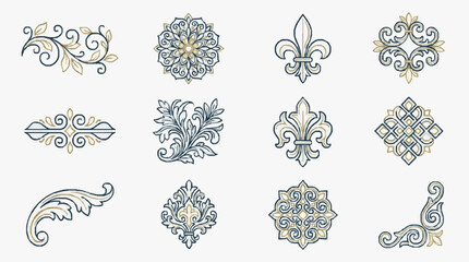Elegant Gold and Black Ornamental Floral and Fleurs de lis Designs for Luxury Branding and Decorative Use © Juna