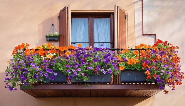compact juliet balcony with window boxes overflowing with trailing nasturtiums and lobelia in vibrant orange and purple in summer