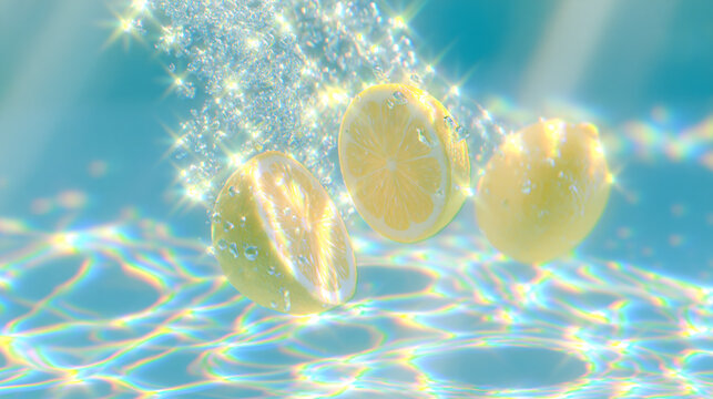 青い水中で弾けるレモンと虹色の光、爽快感のある夏のフルーツ背景 / Lemons Splashing in Blue Water with Iridescent Light, Refreshing Summer Fruit Background