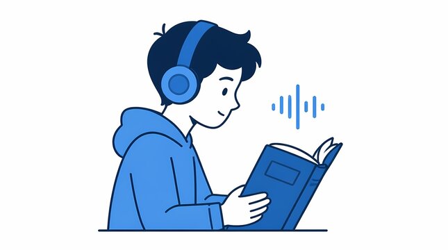 Young student listening to audiobook with headphones and reading book, symbolizing modern online learning, remote education, and digital study in blue vector graphic.