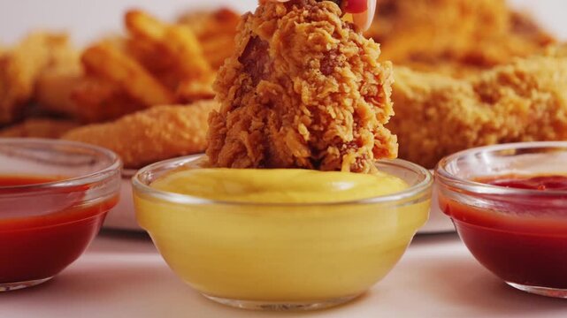 Close up shot of hand dipping wings into sauce. Tasty set of french fries, chicken wings, nuggets and onion rings. Fast food concept. High quality 4k footage