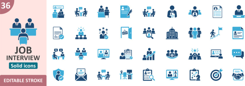 Job interview solid icons set featuring hiring process and recruitment symbols, interview