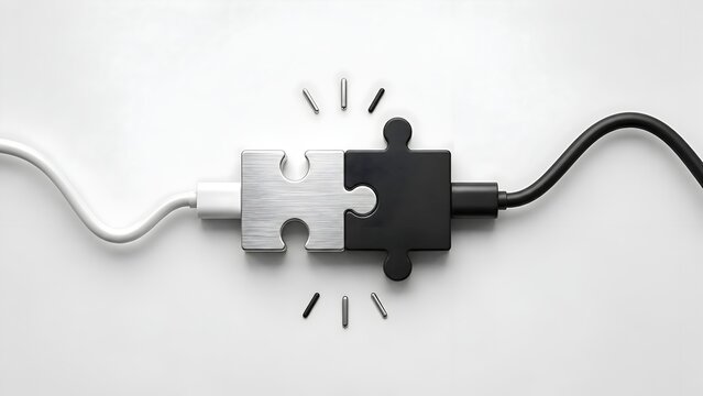 Connecting Two Puzzle Pieces, One Silver Metallic and One Black, Linked by Cables to Represent Integration and Synergy