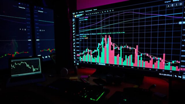 Real-time stock market candlestick charts and financial trading graphs displaying on multiple computer monitors.