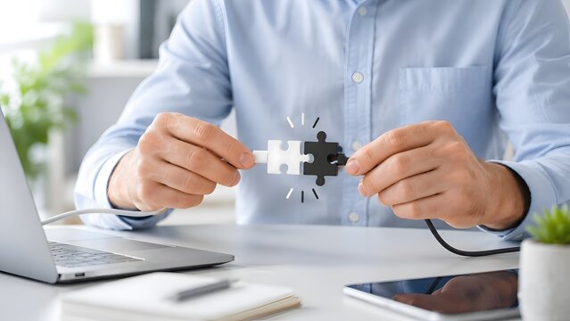 Man's Hands Connecting Black and White Puzzle Pieces, Symbolizing Integration and Problem Solving